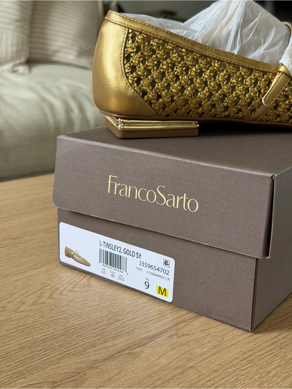 Franco Sarto Tinsley Mary Jane Flat in Gold Faux Raffia. Brand new, size 9 - Picture 2 of 11